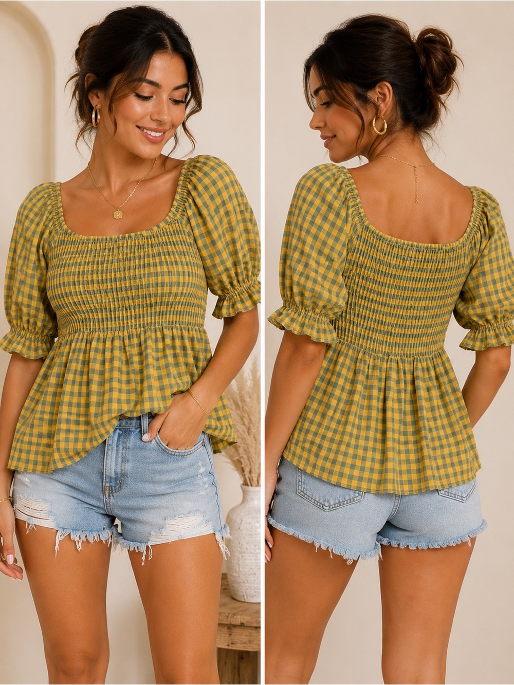 DAVI & DANI Yellow and Green Gingham Smocked Peasant Babydoll top